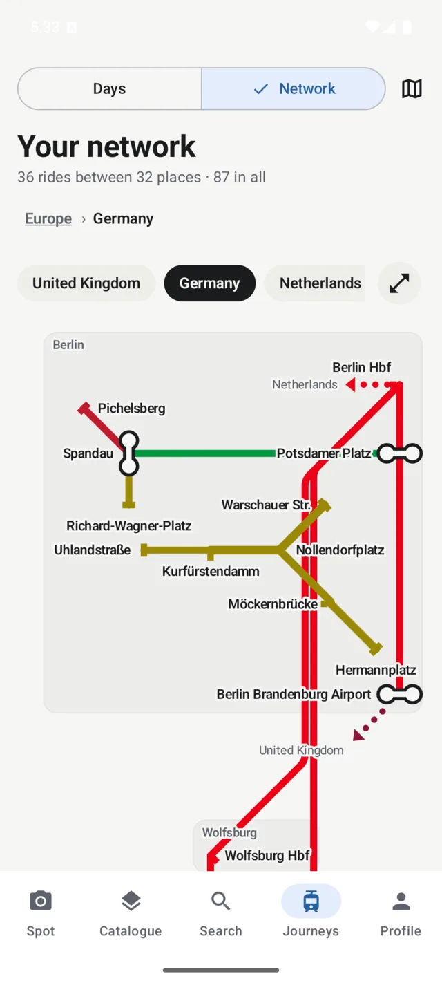 Your network on Android: journeys drawn as a tube map of Germany.
