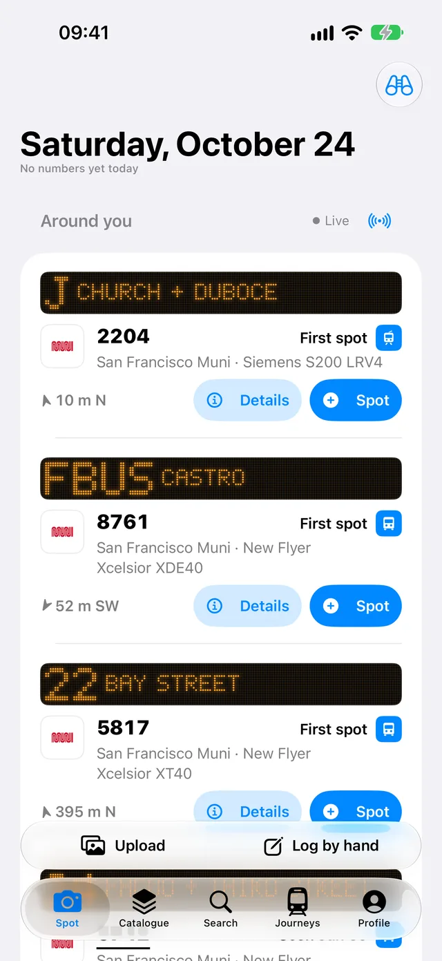Around you on iPhone: nearby San Francisco Muni vehicles, each with its destination blind and fleet number.