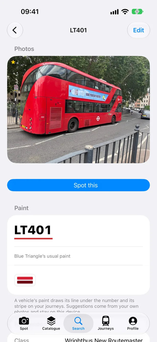 A red London New Routemaster, LT401, in the app.