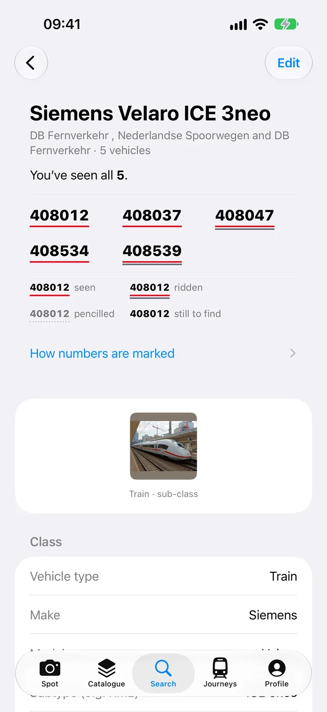 The Velaro ICE 3neo class page, with five fleet numbers marked as seen and ridden.