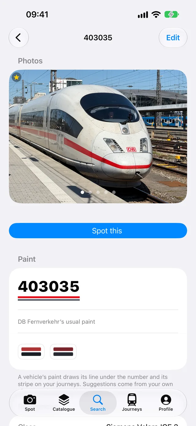 A spotted Siemens Velaro ICE 3neo, number 403035, with its photo and paint.