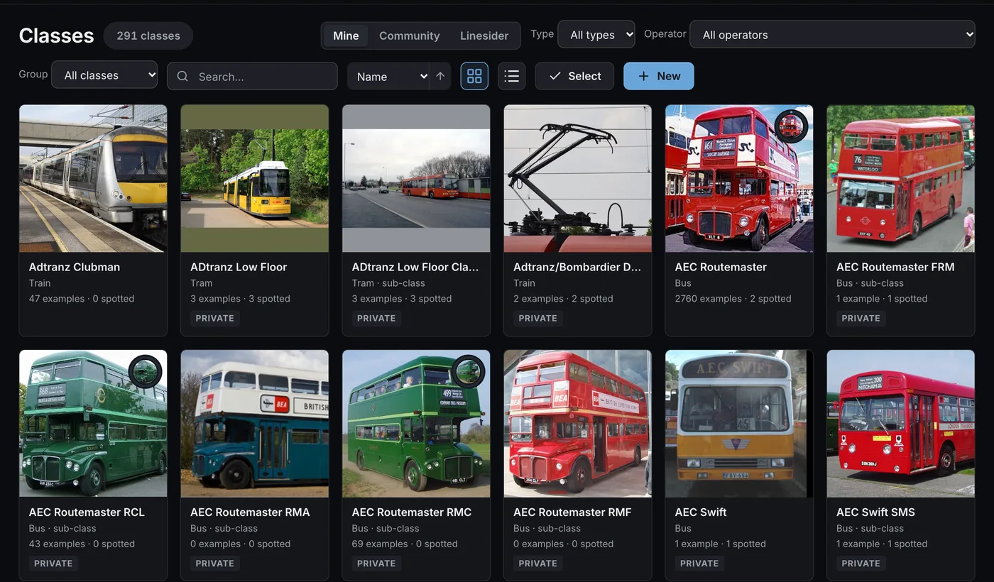 The classes catalogue in a desktop browser: a grid of vehicle classes with photos.