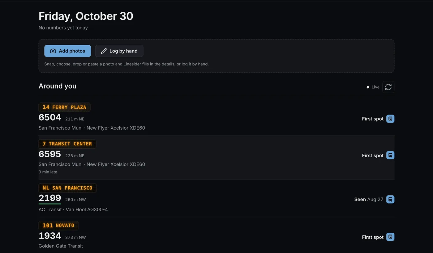 The Spot page in a desktop browser: today, with live vehicles around you.